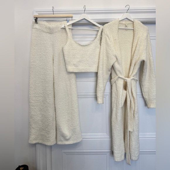 EUC SKIMS COZY BOUCLE KNIT ROBE PANTS SET L/XL WHITE BONE 3 PIECE